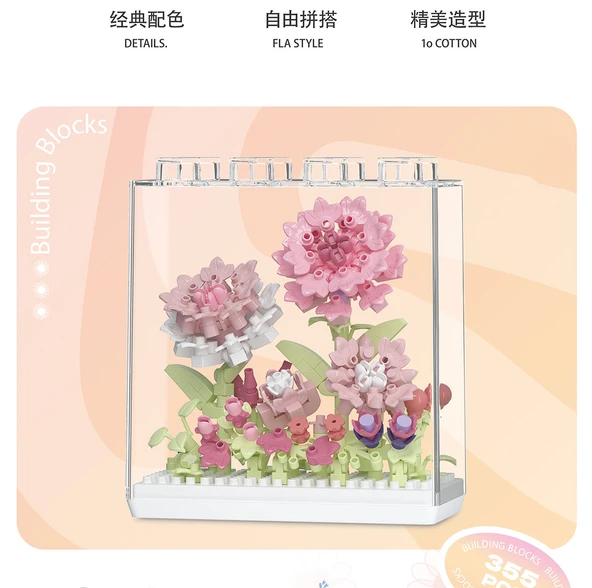DIY Çiçek Yapı Blokları Seti - Peony - Akrilik Kutu - 12