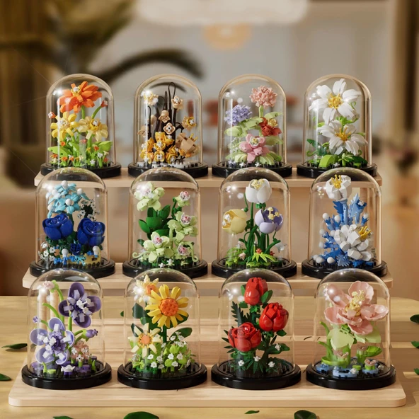 Yapı Bloğu Çiçek Buketi Kiti - 12 Sonsuz Çiçek taban ile +12 toz örtü [12 kutu] 3000 + parçalar