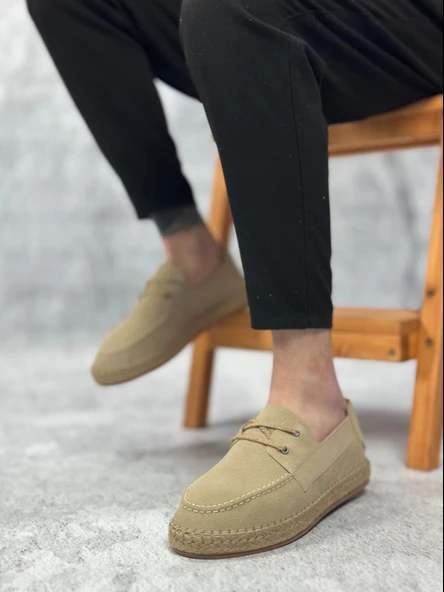 ET0358 Doğal Deri Tozu Bağcıklı Kauçuk El Yapımı Espadril Taban Bej Renk Erkek Ayakkabı - Resim 2