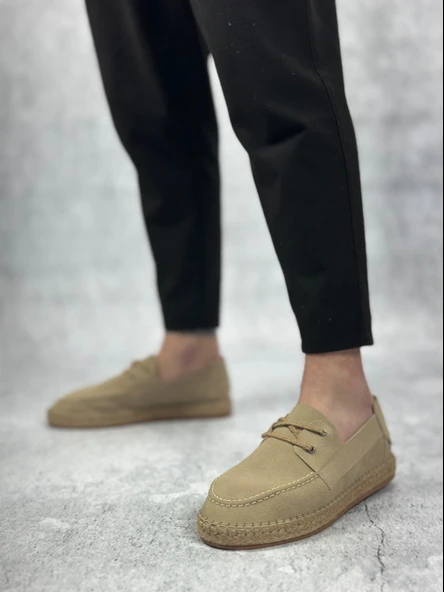 ET0358 Doğal Deri Tozu Bağcıklı Kauçuk El Yapımı Espadril Taban Bej Renk Erkek Ayakkabı - Resim 3