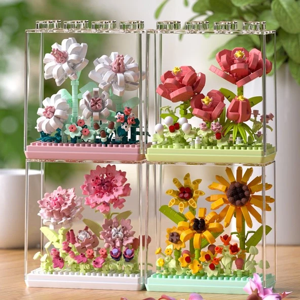 Yapı Bloğu Çiçek Buketi Kiti - 9 Sonsuz Çiçek taban ile +9 toz örtü [9 kutu] 1500 + parçalar - 2