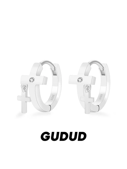 S925 Gümüş Çift Haç Küpe - Sağ Tek - 2