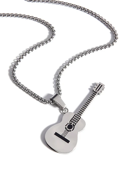 Titanyum Çelik Gitar Kolye - Gümüş Klasik Gitar - Resim 6