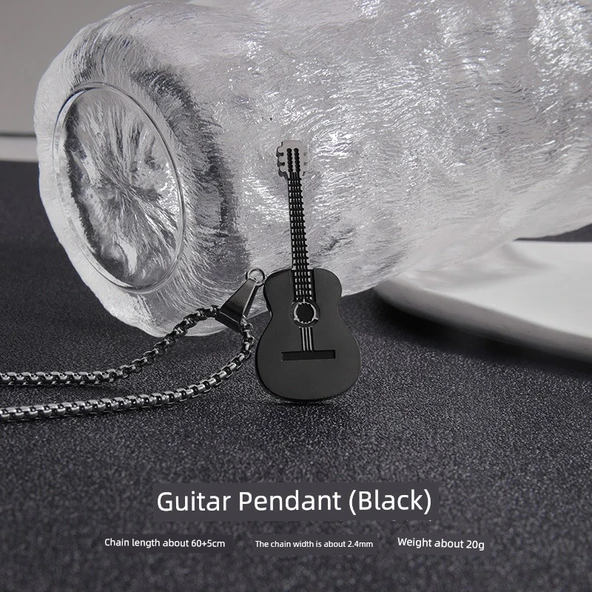 Titanyum Çelik Gitar Kolye - Siyah Klasik Gitar
