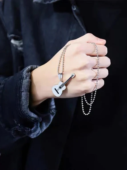 Titanyum Çelik Gitar Kolye - Gümüş Klasik Gitar - Resim 3