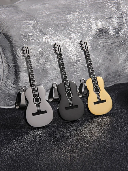 Titanyum Çelik Gitar Kolye - Gümüş Klasik Gitar - Resim 5