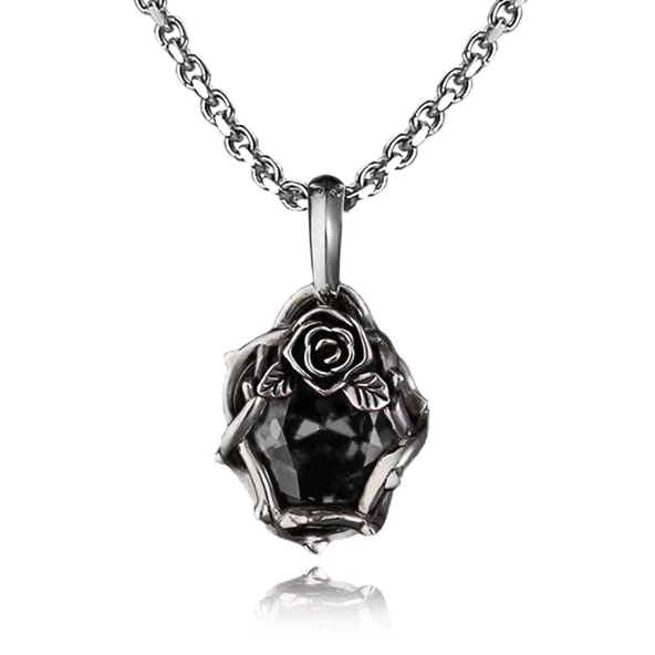 Erkek Gümüş Bitki Çiçek Kolye - Diken Gülü Obsidyen
