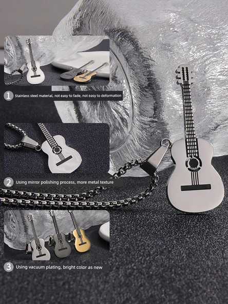 Titanyum Çelik Gitar Kolye - Gümüş Klasik Gitar - Resim 4