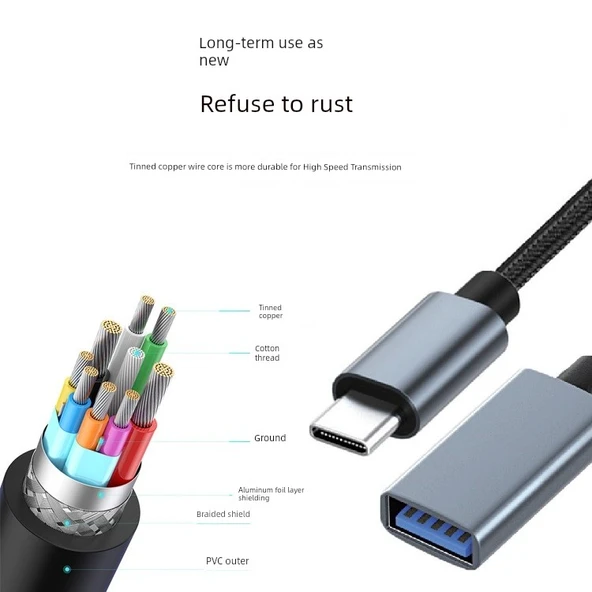 Type-C to USB 3.0 OTG Örgü Adaptör Kablosu - 0.2m 10GB + 3A Şarj - 8