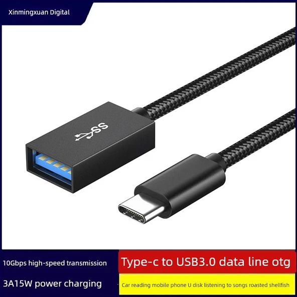 Type-C to USB 3.0 OTG Örgü Adaptör Kablosu - 0.2m 10GB + 3A Şarj