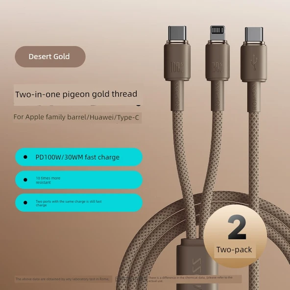 100W İkili Uç USB-C ve Lightning Şarj Kablosu - 1.5m Çöl Altın 2 Paket PD100W Hızlı Şarj Veri Kablosu