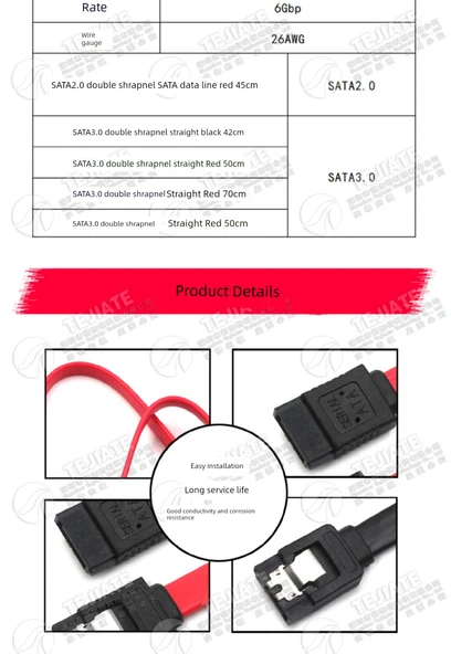 Yüksek Hızlı SATA 2.0 Veri Kablosu - Çift Yaylı Kırmızı 45cm - 4