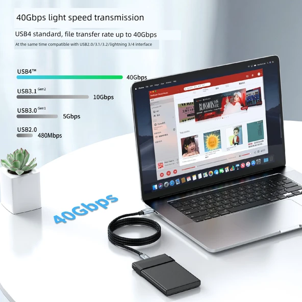 USB 3.2 Veri Kablosu - 3m - 20Gbps - 100W Hızlı Şarj - 8K Ekran Yansıtma - 8
