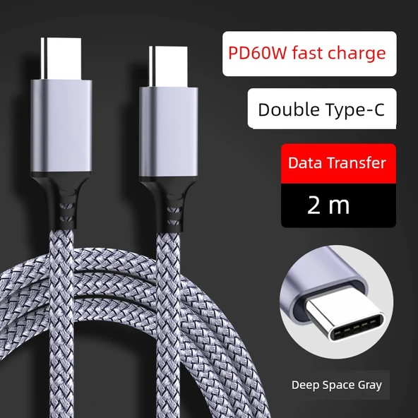 2M Gümüş Gri USB-C Kablo - Apple 15/16 Hızlı Şarj 60W