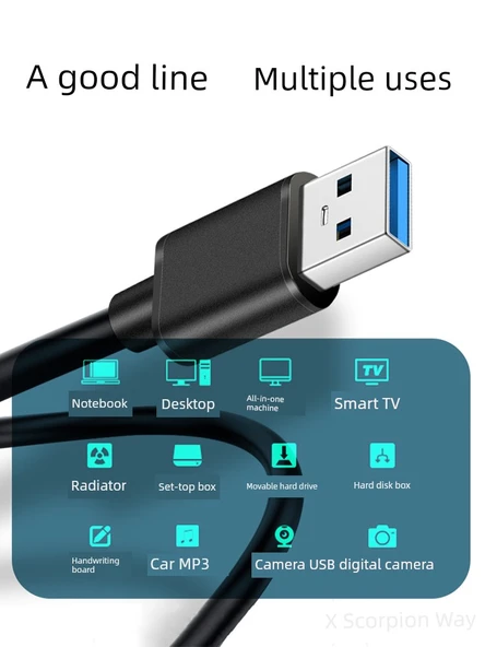 Çift Uçlu USB Veri Kablosu - 2M USB 2.0 - Siyah - Bir Adet - 3