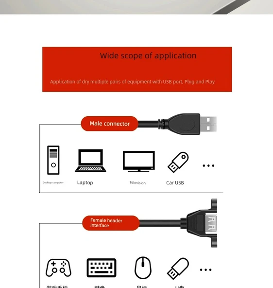 USB 2.0 Dişi Uzatma Kablosu - 1m - Vida Delikli - 7