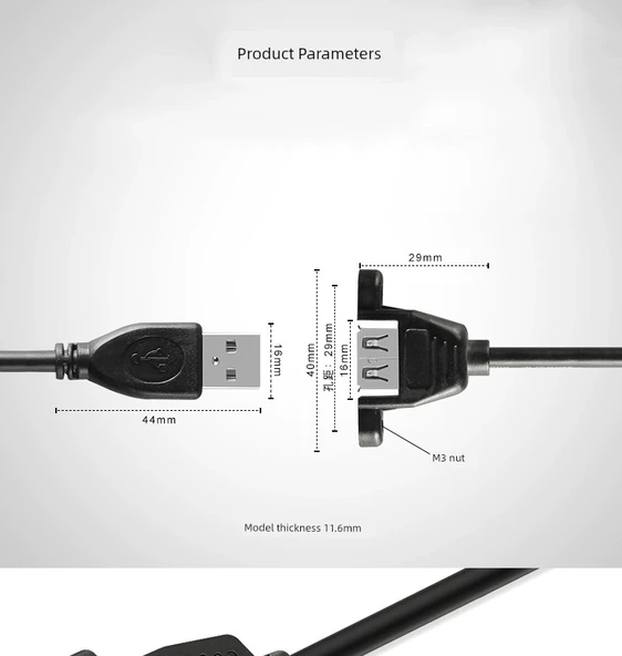 USB 2.0 Dişi Uzatma Kablosu - 1m - Vida Delikli - 12