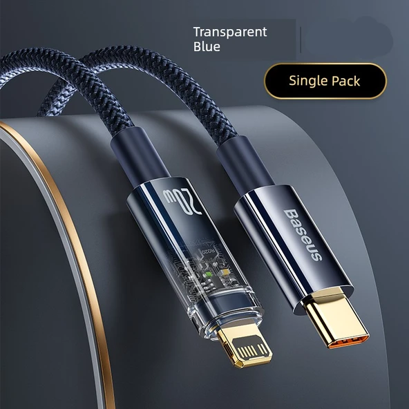 Şeffaf 20W USB Veri Kablosu - 1m Mavi - TYPE-C'den Apple'a