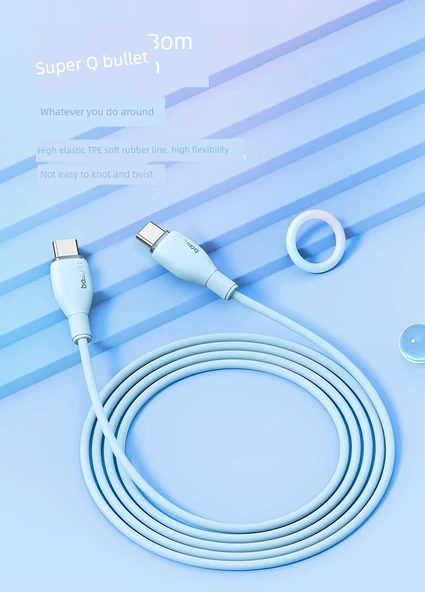 USB-C ile USB-C Şarj Kablosu - Mavi - 1.2m - 10
