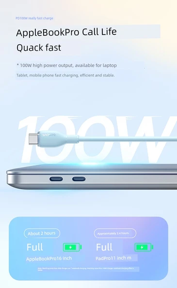 USB-C ile USB-C Şarj Kablosu - Mavi - 2m - 7