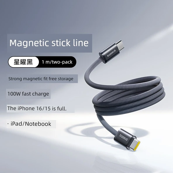 Manyetik USB-C Şarj Kablosu - Siyah - 1m - 100W - Çift C Port - Apple 15/16 - Otomatik Yapışma - İki Paket
