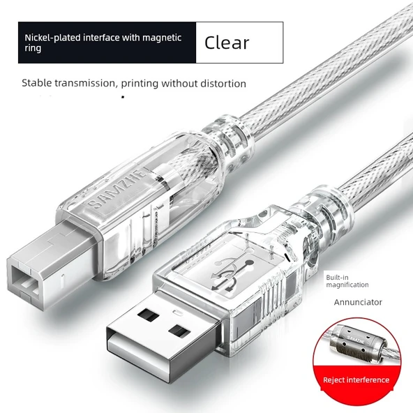 USB 2.0 Nikel Kaplama Şeffaf Yazıcı Kablosu Magnetik Halka ile - 3m