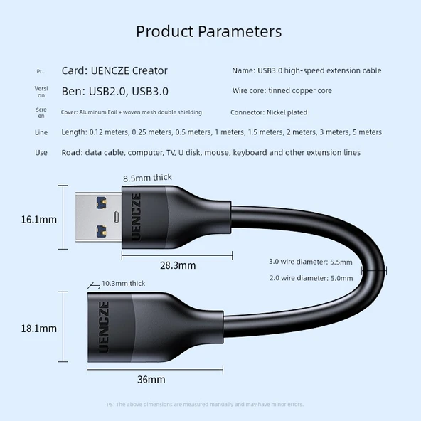USB 3.0 Uzatma Kablosu - 5m - Yüksek Hız - Nikel Kaplama - 5