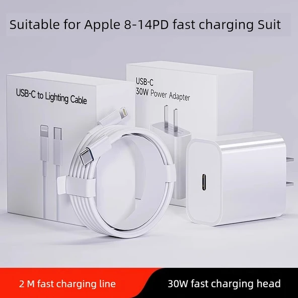 30W-45W USB-C Hızlı Şarj Kablosu ve Adaptörü - [8-14 Hızlı Şarj Seti] 30W Hızlı Şarj Başlığı + 2.0m Hızlı Şarj Kablo