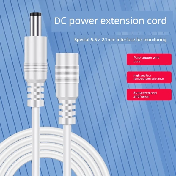 12V Dişi Konnektör Kablosu - Erkek Uç - DC5.5 * 2.1mm - 8 m Krem Beyaz - 2
