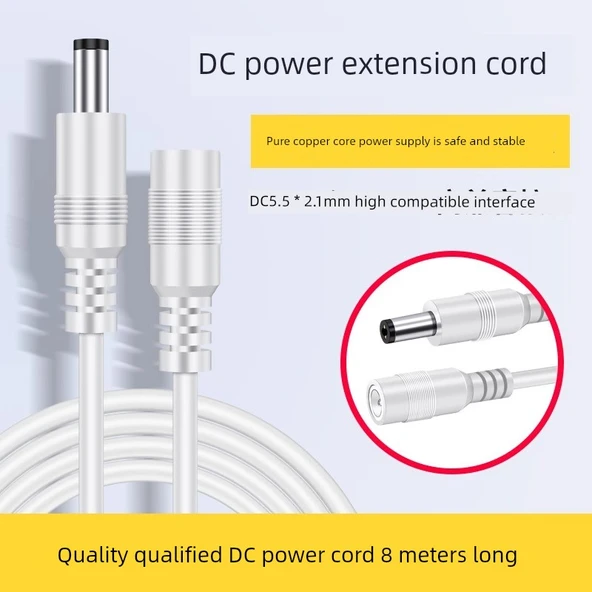 12V Dişi Konnektör Kablosu - Erkek Uç - DC5.5 * 2.1mm - 8 m Krem Beyaz