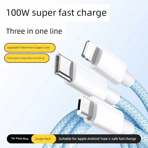 100W Hızlı Şarj 3'ü 1 Arada Veri Kablosu - 1.5m Uzak Zirve Mavi (Yeni Dokuma-1) - 3