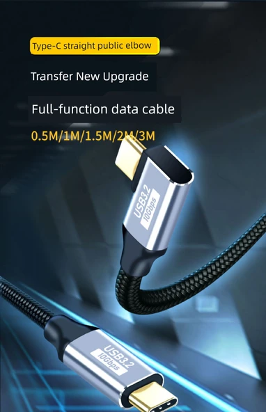 Type-C 3.1 Veri Kablosu 10Gbps PD100W - 3M Düz Uçtan Yan Kıvrım Örgülü - 7