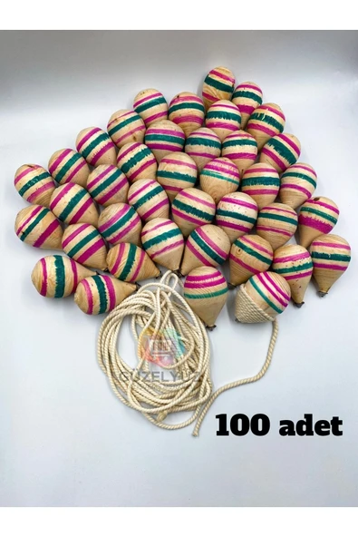 100adet Ahşap Topaç Nostaljik Oyuncak Doğal Çocuk Oyuncağı 1,5metre Ipli Fıtça Oyunu Fırıldak Topacı
