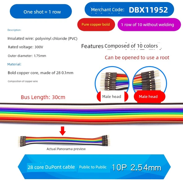 Saf Bakır 28 Çekirdek DuPont Kablo Erkek Erkek 10P (30cm)