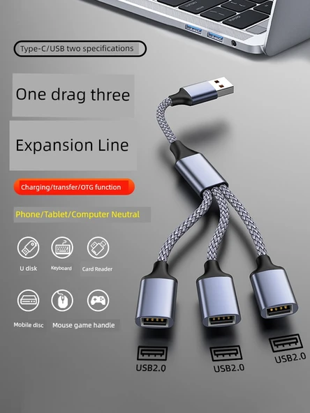 USB 2.0 Hub Adaptörü - 3M Gümüş Gri USB'den 3 USB'ye OTG ile - 2