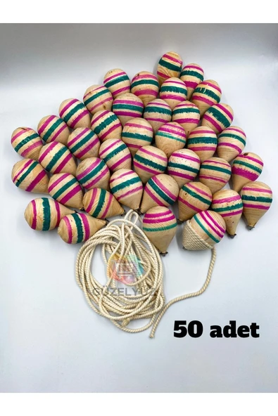 50adet Ahşap Topaç Nostaljik Oyuncak Doğal Çocuk Oyuncağı 1,5 Metre Ipli Fıtça Oyunu Fırıldak Topacı