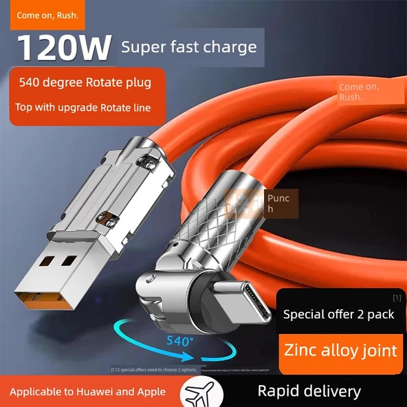 180 Derece Döner 120W Süper Hızlı Şarj Type-C Kablosu - 2.0M Mavi 1 Paket - 2