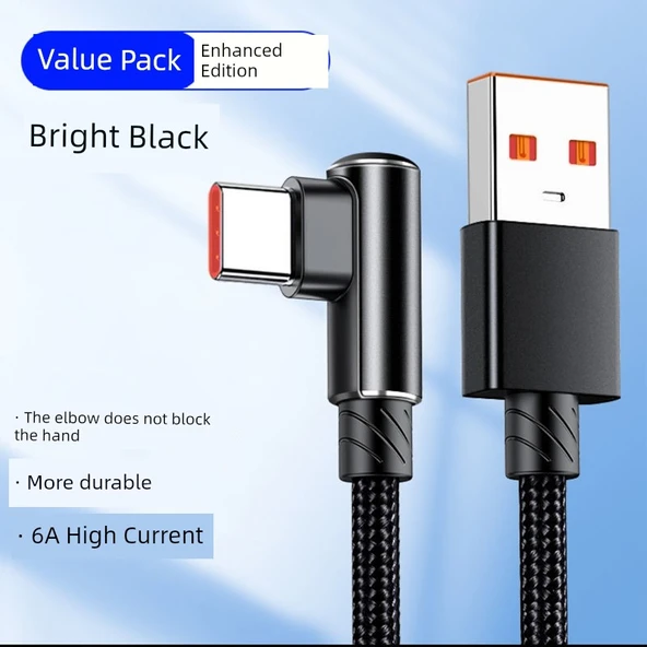 USB Type-C Elbow Hızlı Şarj Veri Kablosu - 1m Kalın Parlak Siyah - 2 Paket - 4