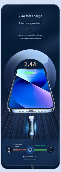 Hızlı Şarj Veri Kablosu - 2m - Siyah - iPhone 15/16 İçin Çift C Dijital Ekran - 9