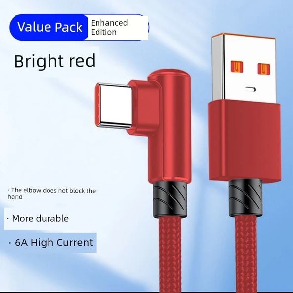 USB Type-C Elbow Hızlı Şarj Veri Kablosu - 1m Kalın Parlak Mavi - 1 Paket - 6