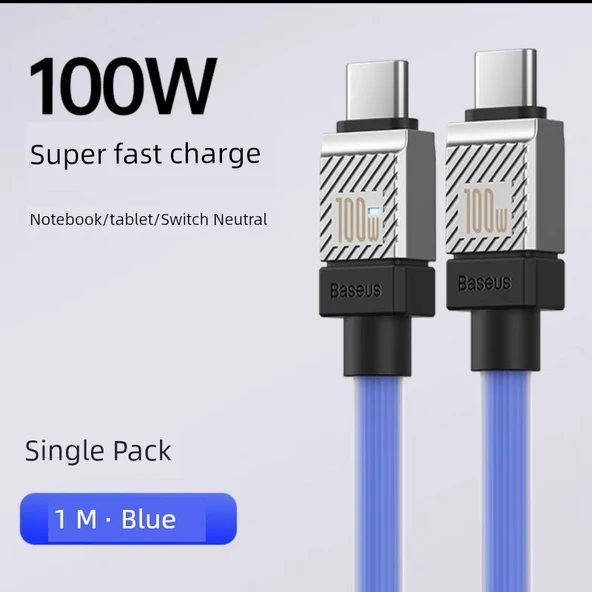 Mavi 1m USB-C ile Type-C 100W Hızlı Şarj Veri Kablosu