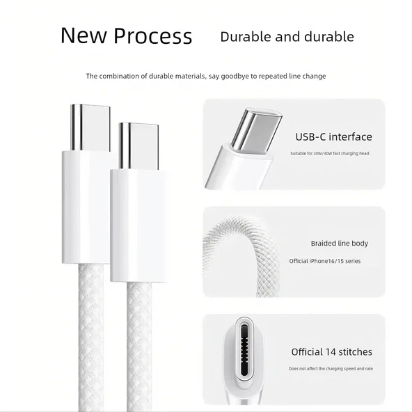 iPhone 6-14 PD Örgü Hızlı Şarj Kablosu - 1.0 Metre (Model 2) - 6