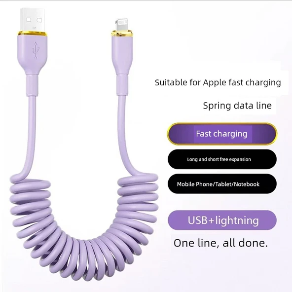 100W Telekopik Yay Veri Kablosu - 1.2m Mor (USB Apple)