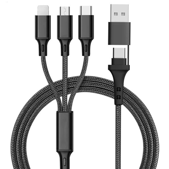 3'ü 1 Arada Çok Başlı USB Veri Kablosu - 1.2m Siyah Type-C + USB