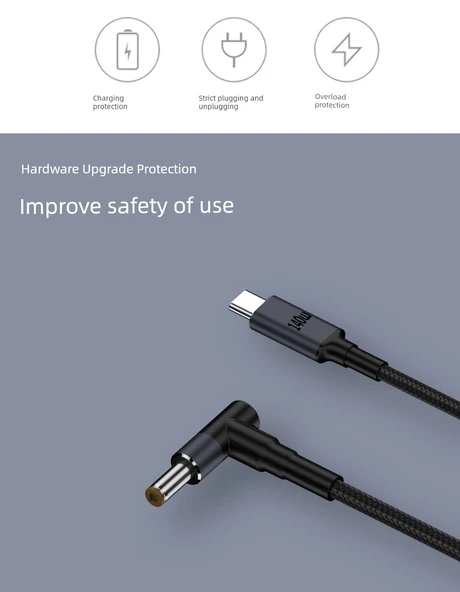 140W USB-C to DC5.5 2.1mm PD Hızlı Şarj Adaptör Kablosu - Siyah Düz Siyah Port - 7
