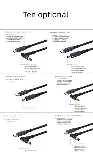 140W USB-C to DC5.5 2.1mm PD Hızlı Şarj Adaptör Kablosu - Siyah Düz Siyah Port - 10