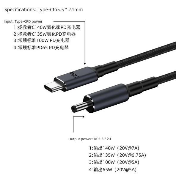 140W USB-C to DC5.5 2.1mm PD Hızlı Şarj Adaptör Kablosu - Siyah Düz Siyah Port