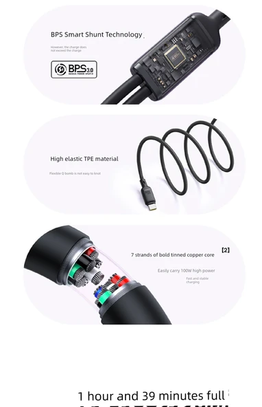 USB-C İki Yönlü Şarj Veri Kablosu - 1.5m - Xinghai Mavi - 100W Hızlı Şarj - 8