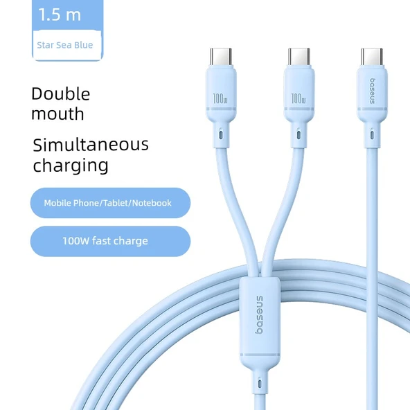 USB-C İki Yönlü Şarj Veri Kablosu - 1.5m - Xinghai Mavi - 100W Hızlı Şarj