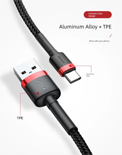 USB Type-C Veri Kablosu - 2m - Kırmızı Kasa + Kırmızı Şerit - 7